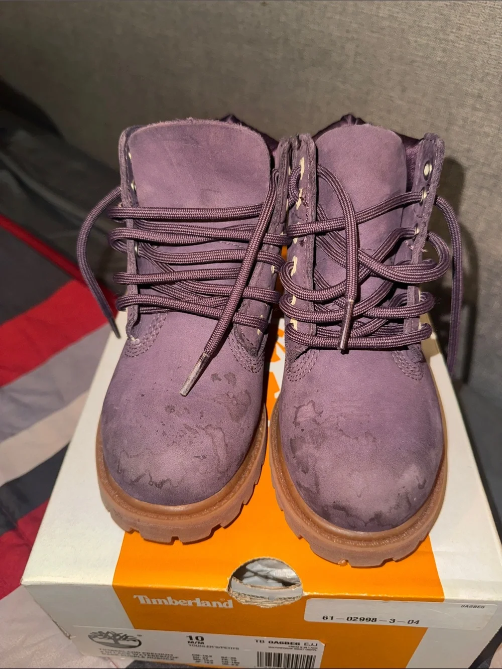Timberland Kids Purple Nubuck Lace-Up Boots with Tan Lug Sole